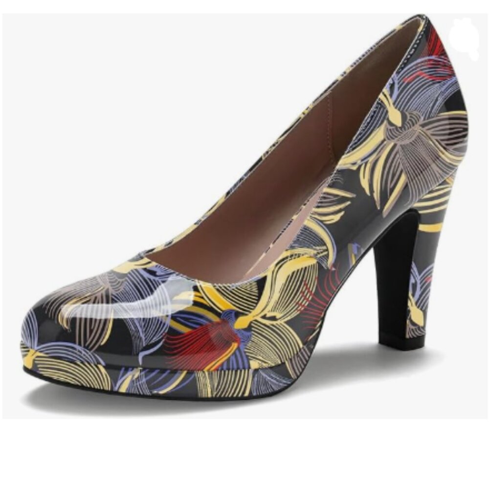 miss left Graffiti Low Platform Chunky High Heel Slip On Round Toe Pump Elegant